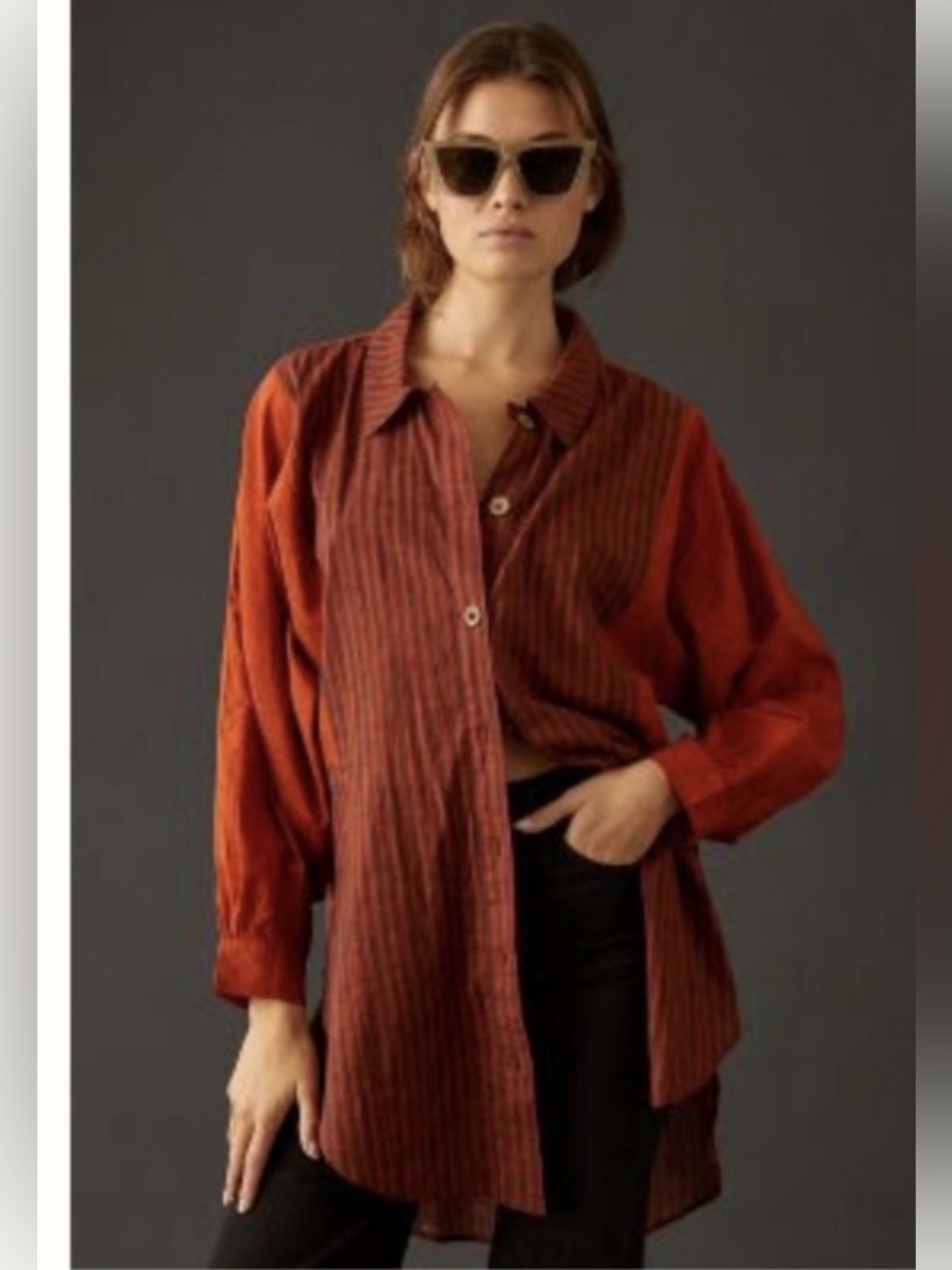 Anthropologie Tunic Top Rust Orange Stripes Buttons XXS